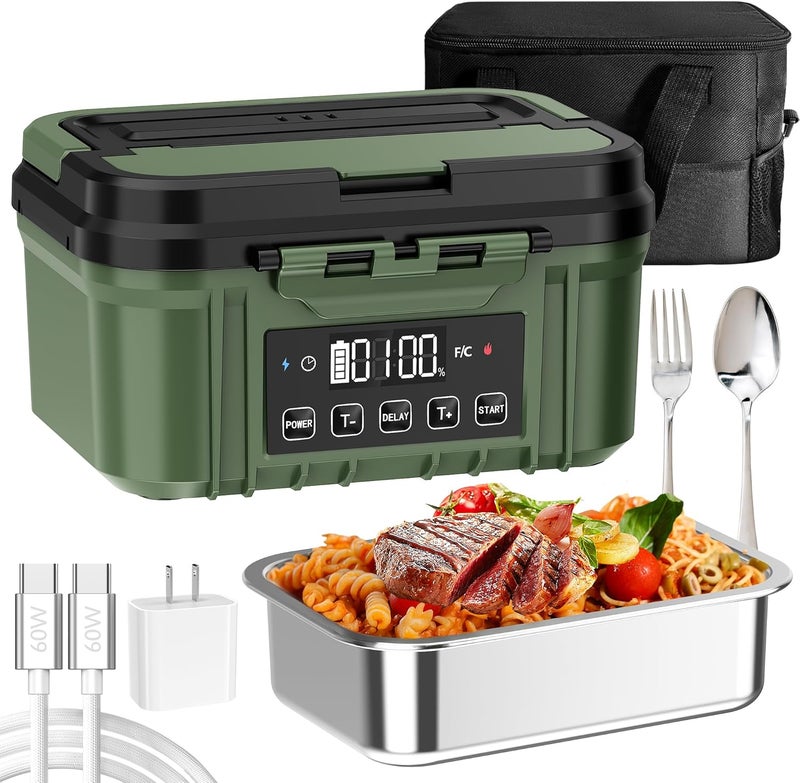 FERVINOW Cordless Electric Lunch Box for Adults – Battery-Powered Heated Lunch Box with 1.2L Stainless Steel Container, Timer Function, and Leak-Proof Food Warmer for Work, Travel & Office - Image 1